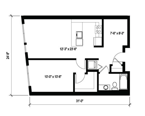Floor plan for 1 bed, 1 bath, 746 sqft